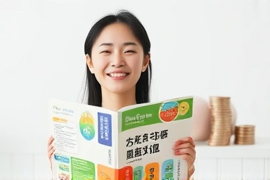 Relieved person with Japanese textbook and money saving symbol.