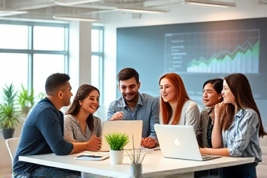 Professionals collaborating in a modern office with digital data.