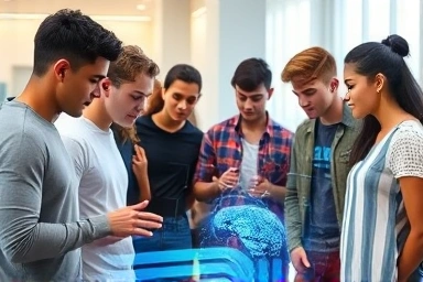 Diverse students learning AI development with holographic interfaces.