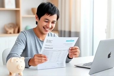 Parent reviewing kindergarten expenses with calculator and piggy bank.