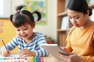 Child enjoying kindergarten activity contrasted with parent comparing expenses.