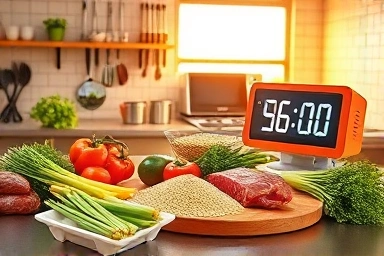 Organized kitchen counter with ingredients and timer for cooking test.