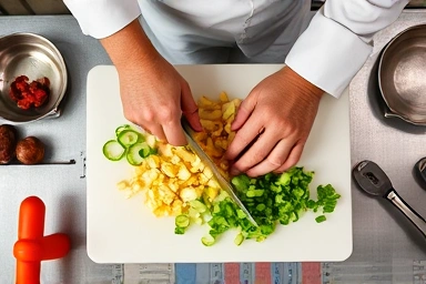 Chef's hands demonstrating precise knife skills for cooking.