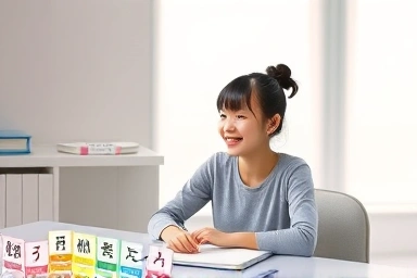 Person learning hiragana with flashcards and a notebook, conveying focus.