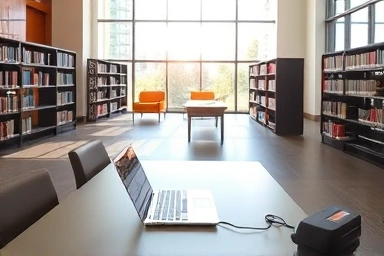 Quiet library study area with natural light and available power outlet.