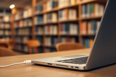Laptop plugged into a library power outlet for uninterrupted study.