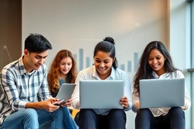 Professionals learning online with career growth symbols