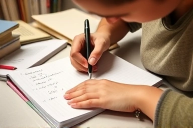 Student studying math with an error notebook.