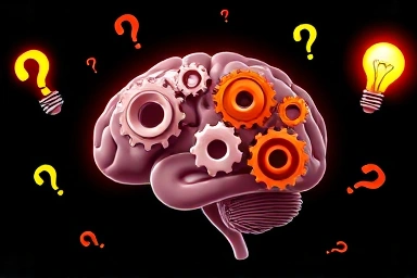 Metacognition symbol: brain with gears, question marks, and lightbulbs.