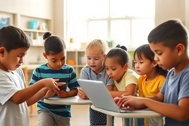 Children learning with tablets in a bright classroom.