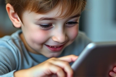 Child focused on tablet learning, personalized AI experience.