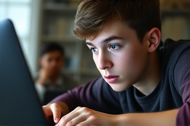 Student focused on online study with laptop