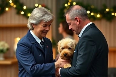 Pet funeral director comforting owner in serene memorial setting.