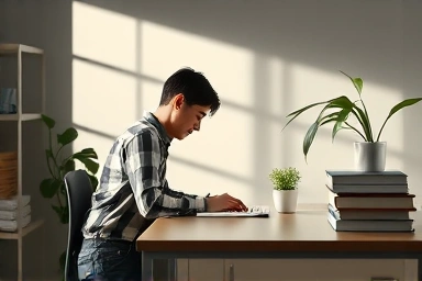 Focused individual working in a calm, well-lit workspace.