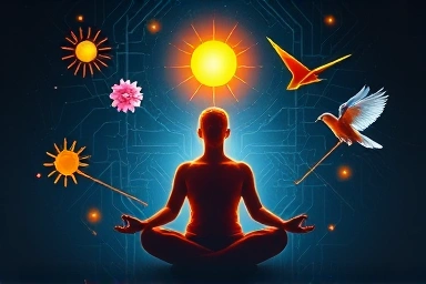 Peaceful meditation with glowing neural pathways and positive symbols.