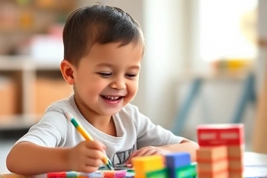 Young child enjoying educational activity, learning, joy, bright.