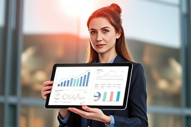 Professional woman achieving career growth with digital tools.