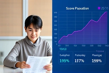 AI-driven score improvement visualized alongside TOEIC exam success.