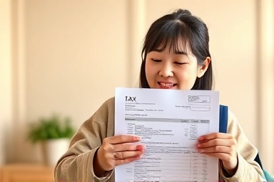 Parent relieved with tax document and school uniform.