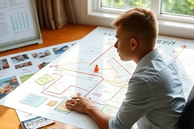 Student analyzing a detailed educational progress map for success.