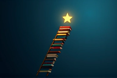 Symbolic ladder of books leading to a star of academic success.