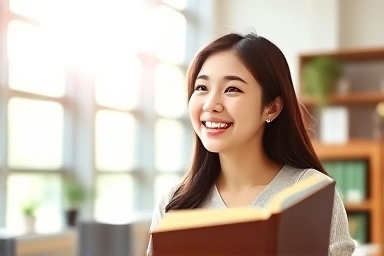 Woman speaking English confidently with a bright smile.