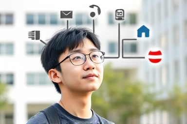 Student choosing university major path with symbols.