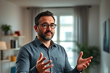 Person confidently speaking English with AI assistance at home.