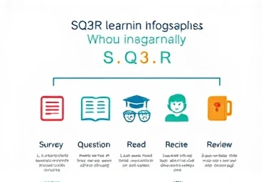 Infographic showing SQ3R learning method stages with icons.
