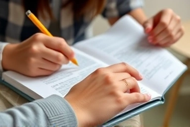 Student actively studying with textbook and notebook.