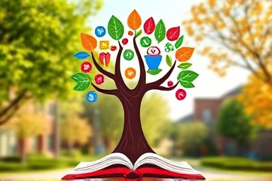Symbolic academic growth tree with diverse fields and knowledge fruits.