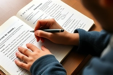 Student's hands writing detailed academic journal with research notes.
