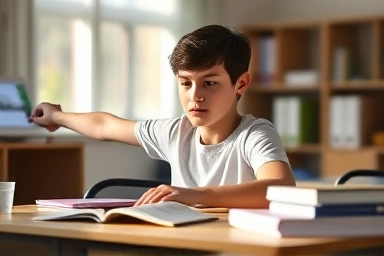 Student stretching at desk, symbolizing stamina for exams.