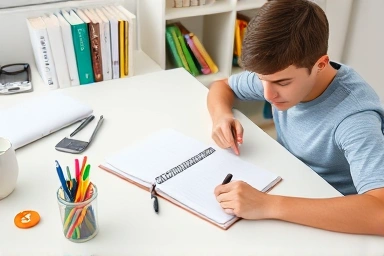 Organized study desk with a focused student.