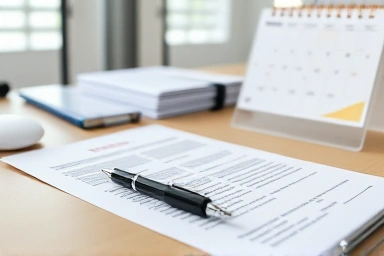 Organized desk with documents for exam application.