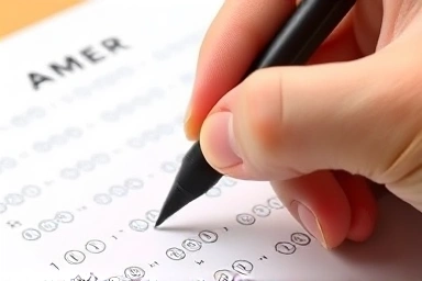 Student marking OMR sheet with a black computer pen.