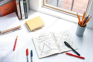 Organized desk with math textbooks and a notebook showing patterns.