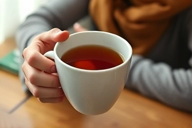 Student drinking warm barley tea for calm focus.