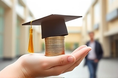 Hand with coins and graduation cap, representing educational cost savings.
