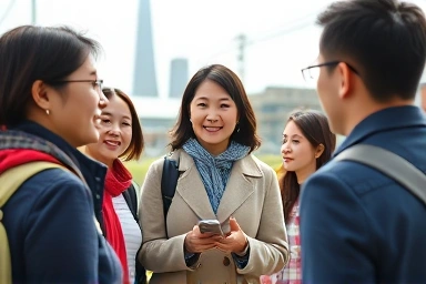 Korean tour guide communicating with tourists in English.