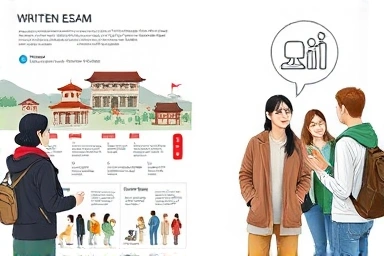Symbolic representation of written exam and interview for tour guide.