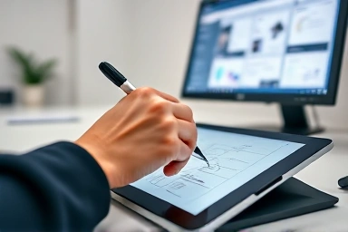 Hands sketching UI/UX designs on tablet