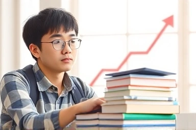 Student planning university finances with books and calculator