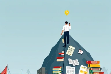 Student climbing academic mountain towards university crest