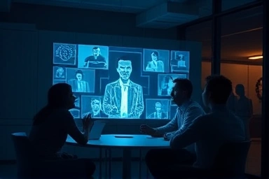 Engaged students in a futuristic holographic online learning environment.