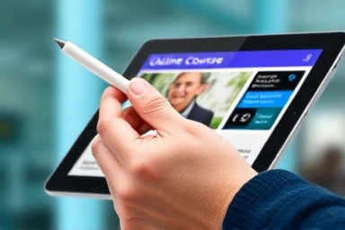 Interactive online course interface on a tablet with a stylus.