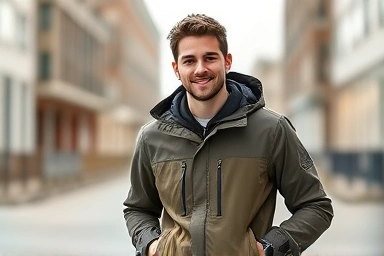 Stylish person wearing a functional gorpcore jacket in an urban setting.