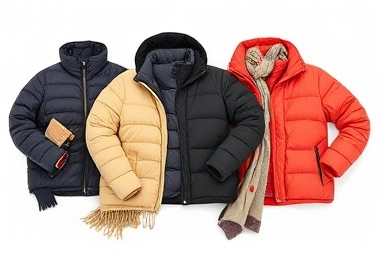 Assortment of fashionable lightweight down jackets for winter.