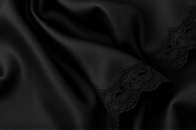 Close-up of contrasting black fabric textures: silk, linen, lace.