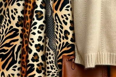 Assortment of animal print fabrics and neutral clothing items